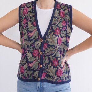Vintage Dominic & Maria Navy Pink Floral Knit 100% Cotton Button Sweater Vest M